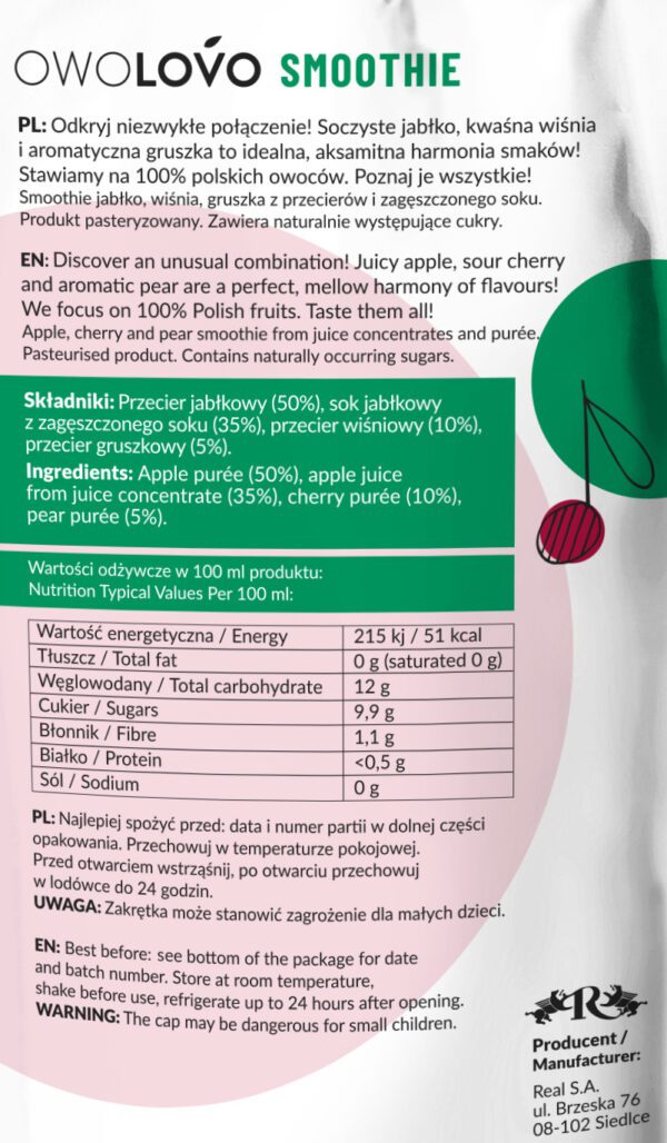 Smoothie jabłko wiśnia gruszka 250 ml - OWOLOVO - e59be331ad6b2f280288034157e25ce9 -